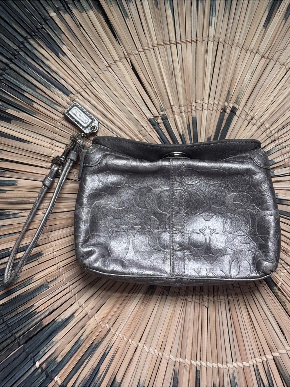 Coach Metallic Pewter Signature Embossed Leather Wristlet